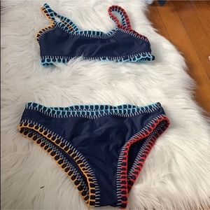 Tillys navy blue bikini with Colorful trim.